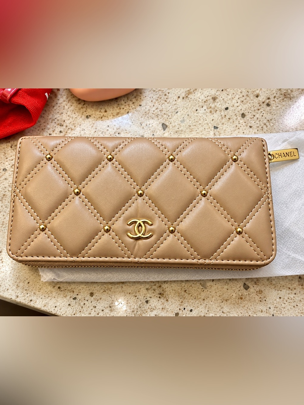 Source Unknown Quilted Camel Wallet with Gold Hardware
